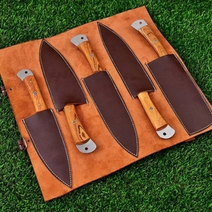 Ensemble de couteaux de chef multifonctionnels durables en acier au carbone de haute qualité, faits à la main, 5 pièces, manches en bois, étui en cuir - Product Image 4
