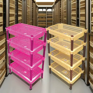 Étagère de rangement multifonctionnelle à roulettes en plastique rectangulaire à 4 niveaux, empilable, pour la salle de bain, la cuisine, le bureau, rose, jaune - Product Image 1