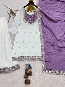 <b>White</b> And Purple Embroidered Cotton Anarkali <b>Suit</b> With Dupatta Traditional Indian Pakistani <b>Wedding</b> Wear For <b>Women</b> - Product Image 5