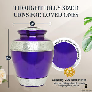 Urne funéraire en métal violet pour cendres humaines |   Urne funéraire pour adulte gravée de fleurs argentées |   Urne commémorative écologique de 220 pouces cubes - Product Image 4