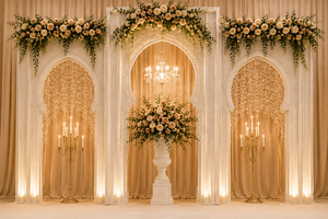 Majestic Nikkah Stage <b>Decoration</b> with Modern <b>Arched</b> Panels Premium Wedding Stage Setup Manufacturer Exporter Wedding Event Decor - Product Image 3