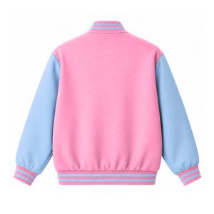 Custom Jack & Jill Sorority Racing <b>jacket</b> embroidered logo pink & light blue letterman Style for female <b>with</b> polyester <b>lining</b> - Product Image 3
