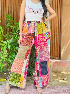 Bohemian Patchwork Wide Leg Pants Women High Waist Regular Fit Full Length Cotton Bamboo Fiber Elastic Waist Summer Eco-Friendly - Product Image 5