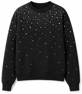 Womens Black Rhinestone Sweatshirt Sparkling Crystal Studded Crew Neck Pullover <b>Long</b> <b>Sleeve</b> Casual Fashion <b>Top</b> - Product Image 3