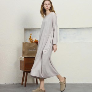 Premium Grey O-Neck Maxi <b>Dress</b> With Full Sleeves <b>Loose</b> Boho Style 100% Linen Summer Casual <b>Dress</b> For Women - Product Image 1