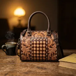 Vintage Women's <b>Handbag</b> Genuine Leather Bags Shoulder Bags Checkered Pattern Leather <b>Handbags</b> for Women - Product Image 3