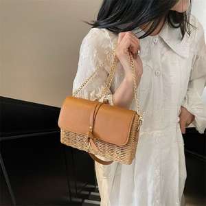 New Fashion Niche Woven Straw Vintage Women's Crossbody <b>Bag</b> with Metal Chain for Summer Travel <b>Shopping</b> - Product Image 1