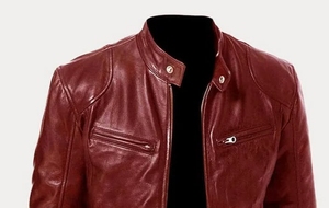 Men's <b>Burgundy</b> maroon <b>Leather</b> Moto <b>Jacket</b> Stand Collar Zipper Closure Slim Fit Regular Sleeve Autumn Solid Color - Product Image 4