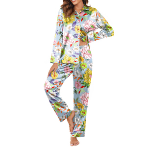 ชุดนอนผู้หญิงแขนยาว คอปกเสื้อพับได้ ยาวเต็มตัว ขายชุดนอนนุ่มสบาย ชุดนอนลำลองสองชิ้น ชุดนอนผู้หญิง - Product Image 1