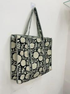White Floral Printed Quilted Cotton <b>Boho</b> Tote <b>Bag</b> with Drawstring Closure Large Size for Women Handmade Shoulder Carry Daily Use - Product Image 1