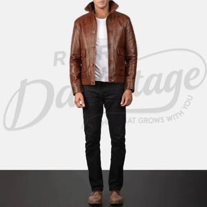 แจ็คเก็ตหนังสีน้ำตาลพรีเมียมสำหรับผู้ชาย แบบซิป แจ็คเก็ตลำลองขายส่ง หนังแท้ ทรงเข้ารูป - Product Image 3