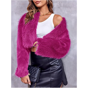 Luxury Womens Magenta Fuchsia High-Pile Shaggy Faux <b>Fur</b> Cropped Jacket Open-Front Collarless Plush Shag Outwear <b>Bolero</b> Coat OEM - Product Image 2
