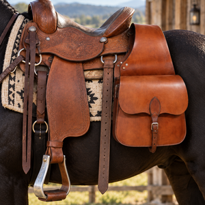 Traditional Leather Horse Saddle Bag | Western Equestrian Side Storage Pouch Secure <b>Straps</b> <b>Buckles</b> Trail Riding Ranch Work Tack - Product Image 3