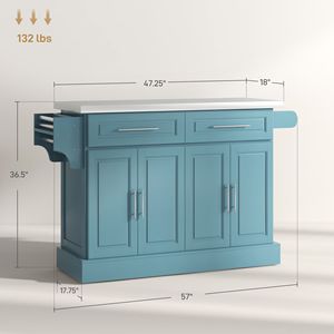 Isola da Cucina Portatile Blu Teal in Rovere con 2 Cassetti, Porta Spezie, Portasciugamani, Carrello Mobile con Ruote Nascoste per Sala da Pranzo Domestica - Product Image 3