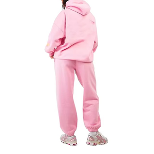 Girls Pink Hooded Tracksuit Set Full Sleeve Solid Color Casual Sweatshirt and Pants with Side Pockets Elastic Waist Autumn Wear - Product Image 2