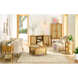 Modern Light Luxury Solid <b>Wood</b> <b>Round</b> <b>Coffee</b> <b>Table</b> With Natural Rattan Side Panels For Hotel Living Room Apartment - Product Image 4