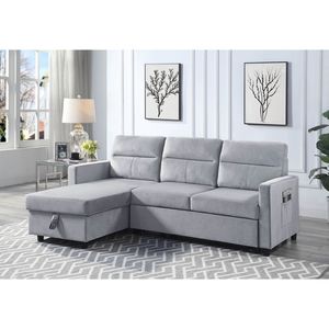 Divano Sezionale Reversibile Ruby in Velluto Grigio Chiaro da 207 cm con Chaise Longue Contenitore e Tasca Laterale - Product Image 1