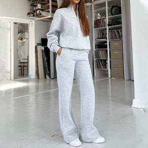 Custom Women's Quarter <b>Zip</b> Sweatshirt and Wide Leg Pants Tracksuit Premium Fleece Lounge Set OEM ODM Private Label Apparel - Product Image 6