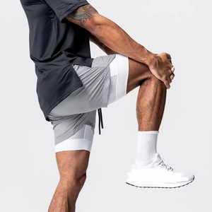 Shorts de sport pour homme 2-en-1 à double couche, séchage rapide, respirants, extensibles, pour la course et l'entraînement, avec poches zippées, logo personnalisé - Product Image 4