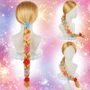 Parrucca da Principessa Rapunzel per Bambine, Decorazioni Floreali Tie-Dye, Trecce Bionde per Costume di Halloween per Giovani Principesse - Product Image 4