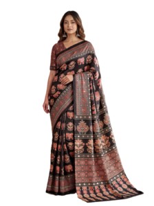 Traditional Indian Silk <b>Saree</b> with <b>Red</b> Elephant Ajrak Print Wedding Wear Women Floor-Length Regular Fit Digital Printing - Product Image 5