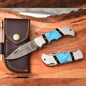 Navaja Plegable de Acero de Damasco con Patrón de Ondas de Cobre Hecha a Mano, Hoja Grabada, Mango de Madera, EDC, Caza, Camping, Supervivencia - Product Image 2