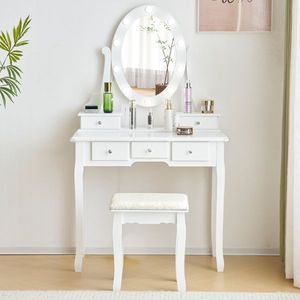 FCH 3-Color Dimmable Lighted Mirror Vanity Set White Makeup Dressing Table with Power Outlet and Cushioned Stool Drawers - Product Image 1