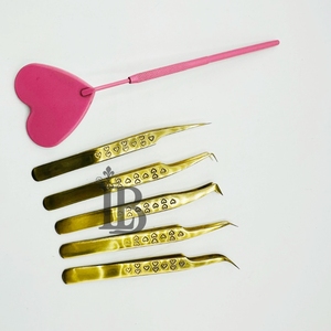 High Demand Golden Color <b>Long</b> Isolation Curved Tip with 90 Degree Boot Volume Eyelash Extension Tweezers Anti <b>Slip</b> Heart Handle - Product Image 6