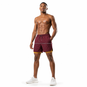 Custom Woven Label <b>Layered</b> Workout Shorts Quick Dry Polyester Built In Compression Shorts Elastic Waistband With Running New - Product Image 1