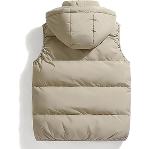 Men's Beige Hooded Puffer <b>Vest</b> Stand Collar Zipper Closure Casual Winter Sleeveless Quilted Jacket Thick Polyester Wadding style - Product Image 2