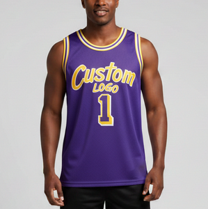 Camiseta de baloncesto morada personalizada para hombre, sin mangas, de malla, con el número 1 y logotipo impreso, ropa deportiva transpirable - Product Image 5
