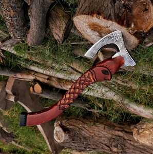 Wholesale Handmade Custom Premium High Carbon Steel Viking <b>Axe</b> with Hand Carved <b>Wooden</b> Handle Leather Grip Fine Leather Sheath - Product Image 1