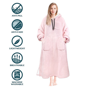 Oversized Soft Lined Printed <b>Hooded</b> <b>Fleece</b> Robe Long Sleeve Solid Color Women's Wearable <b>Blanket</b> Coat Autumn Winter Warm Pink - Product Image 3