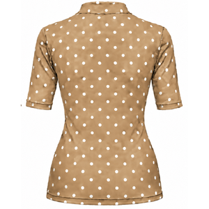 Beige Polka Dot Women <b>Mock</b> <b>Neck</b> Short Sleeve T Shirt Slim Fit Stretch Printed Casual <b>Top</b> Fashion Summer Clothing Wholesale - Product Image 2