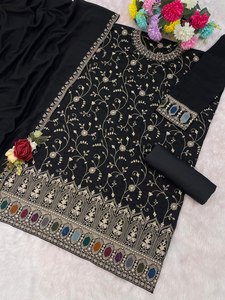 Ensemble Salwar en coton noir brodé pour femmes avec dupatta, tenue traditionnelle indienne et pakistanaise, longueur au sol, coupe classique - Product Image 4