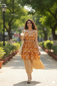 Mustard Floral Print <b>Spaghetti</b> <b>Strap</b> Cotton <b>Midi</b> <b>Dress</b> For Women Featuring Lightweight Fabric Modern Style Comfortable Fit - Product Image 1