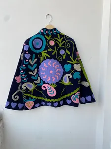 Chaqueta Bohemia de Terciopelo Azul Marino con Bordado Suzani, Cuello Alto, Manga Larga, Estampado Floral, Hecha a Mano, Ropa de Abrigo Otoñal para Mujer - Product Image 5