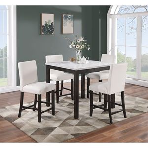 Modern 5pc Counter Height <b>Dining</b> Set Faux Marble <b>Top</b> Kitchen Dinette <b>Table</b> with 4 High Chairs White Faux Leather Cushions Seats - Product Image 1