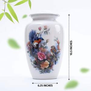 Urne funéraire élégante en aluminium rouge, forme de vase classique, finition brillante, motif floral coloré avec oiseaux, pour cendres d'adultes, style américain - Product Image 3