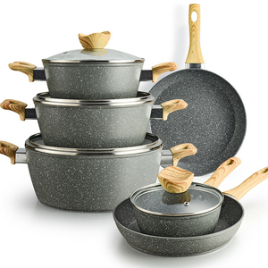 Ensemble de casseroles en céramique antiadhésives modernes de 10 pièces, résistantes au four et au lave-vaisselle, avec poignées en bois et couvercles en verre, pour cuisinières à gaz et à induction - Product Image 1