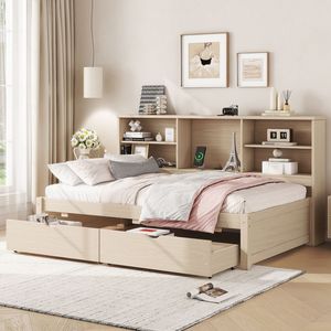 Struttura letto singolo con librerie laterali e due cassetti, porta USB integrata, colore naturale - Product Image 2