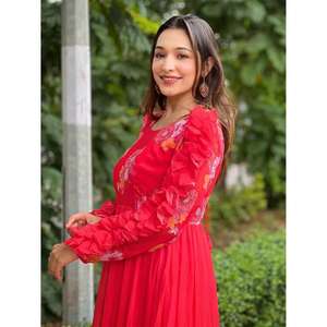 Vestido Largo Rojo para Mujer, Manga Larga, Estampado Floral, Vestido de Fiesta - Product Image 3