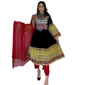 Exquisite Jet Black Premium Velvet Pathani Frock Suit Extensively Detailed With Bright Yellow Floral Silk <b>Needlework</b> Borders - Product Image 1