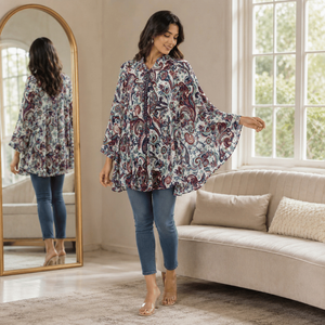Túnica de Seda Premium con Estampado Paisley para Mujer, Cuello en V |   Detales plisados, mangas largas, tela ligera ecológica, natural - Product Image 1
