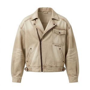 Blouson Biker Homme en Toile Lavée Beige Sable avec Fermeture Éclair Asymétrique, Style Vintage Usé, en Coton Épais, Col Revers, Veste Décontractée Type Trucker - Product Image 1