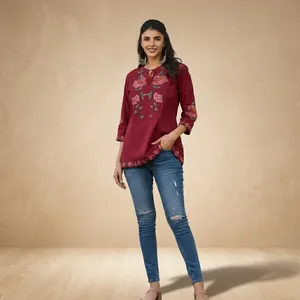 Blusa Túnica Bordada con Flores Color Borgoña para Mujer, Manga Tres Cuartos, Corte Holgado, Estilo Étnico Informal, para Uso Diario, Elegante y a la Moda - Product Image 6