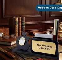 Organisateur de bureau en bois personnalisé avec horloge pour bureau de direction, avec porte-cartes de visite et porte-stylos