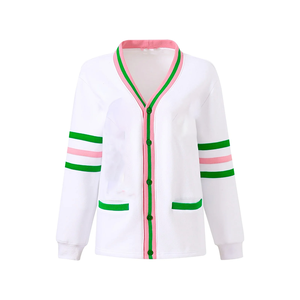 For White Wool/Cashmere Thick Fleece <b>Cardigan</b> Winter Knit <b>Chenille</b> Greek Letters Shield Logo Button Front Varsity Style Casual - Product Image 1