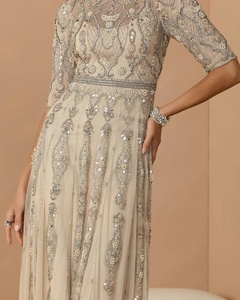 Elegant Sheath <b>Gown</b> <b>Floor</b>-<b>Length</b> Beaded O-Neck Three Quarter Sleeve Satin Natural Waistline Anti-Wrinkle Evening Dress - Product Image 5