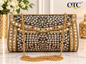Handmade Kundan Bridal Clutch Bag Gold Plated Rhinestone Evening Purse Single <b>Chain</b> Strap Wedding Party <b>Handbag</b> Velvet Lining - Product Image 2